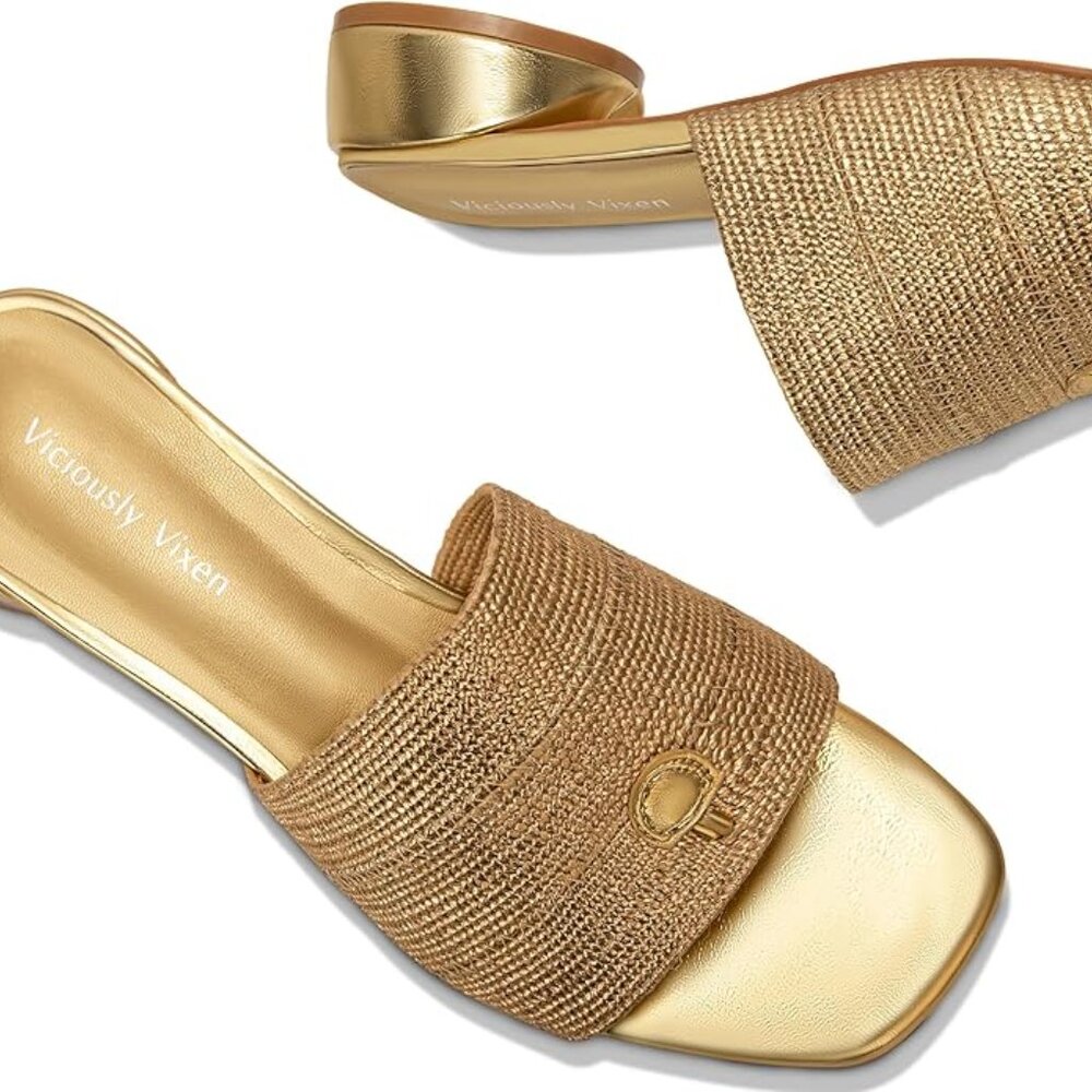 Viciously Vixen Gold Block Kitten Heel Square Toe Sandals Sz 7 NEW!